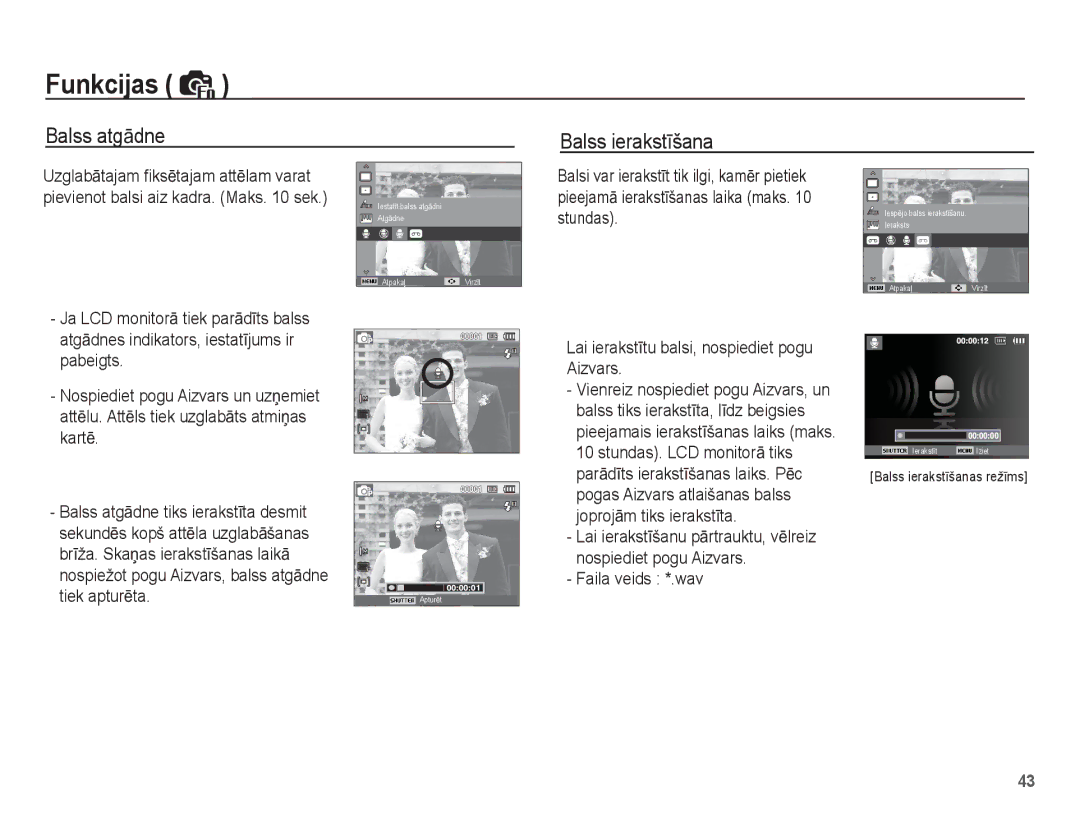 Samsung EC-ES10ZBBA/RU manual Balss atgƗdne, Balss ierakstƯšana, Stundas, Lai ierakstƯtu balsi, nospiediet pogu Aizvars 