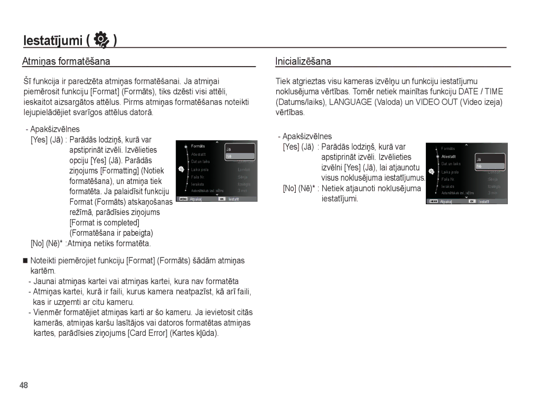 Samsung EC-ES10ZSBA/RU, EC-ES10ZBBA/RU IestatƯjumi, AtmiƼas formatƝšana, InicializƝšana, No NƝ* AtmiƼa netiks formatƝta 