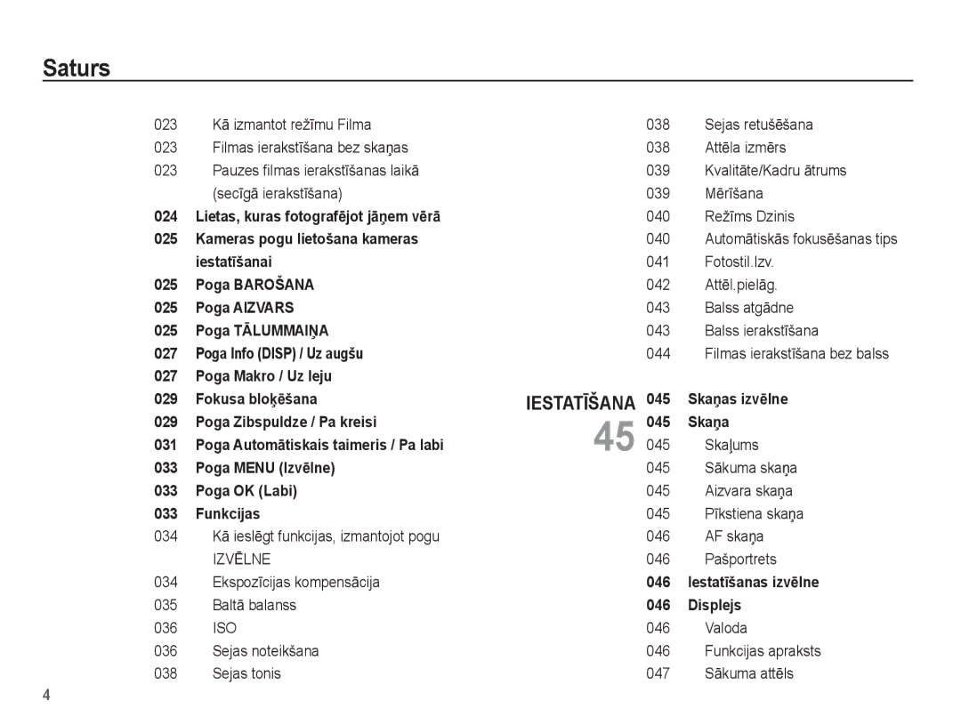 Samsung EC-ES10ZSBA/RU manual 034 KƗ ieslƝgt funkcijas, izmantojot pogu, Valoda Funkcijas apraksts 047 SƗkuma attƝls 