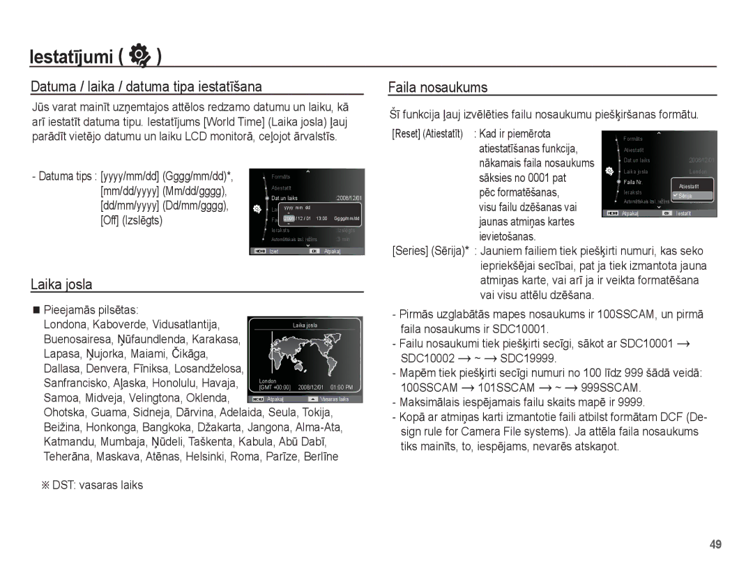 Samsung EC-ES10ZBBA/RU, EC-ES10ZSBA/RU manual Datuma / laika / datuma tipa iestatƯšana, Laika josla, Faila nosaukums 