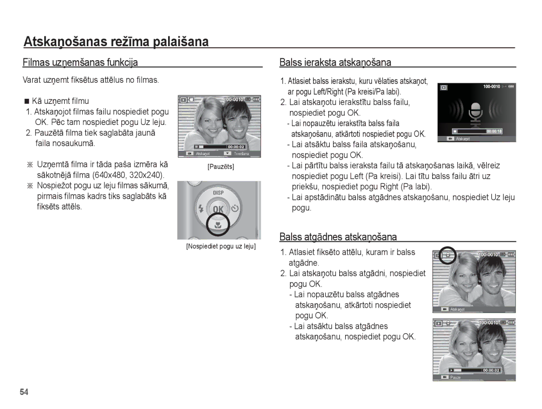 Samsung EC-ES10ZSBA/RU, EC-ES10ZBBA/RU Filmas uzƼemšanas funkcija, Balss ieraksta atskaƼošana, Balss atgƗdnes atskaƼošana 