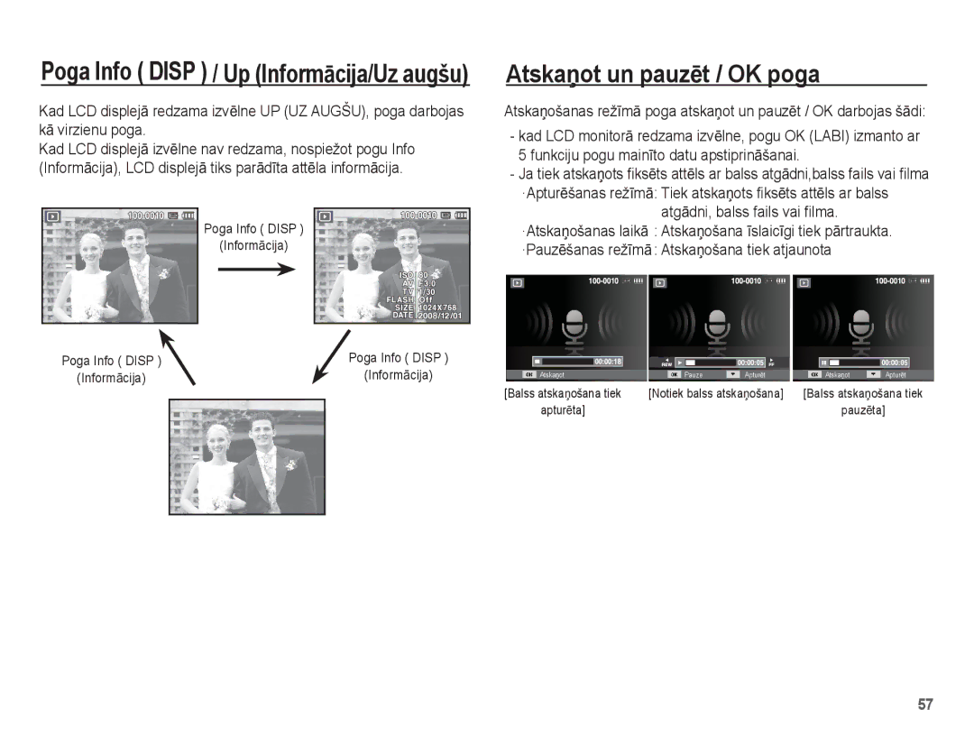 Samsung EC-ES10ZBBA/RU, EC-ES10ZSBA/RU manual AtskaƼot un pauzƝt / OK poga, Poga Info Disp InformƗcija 