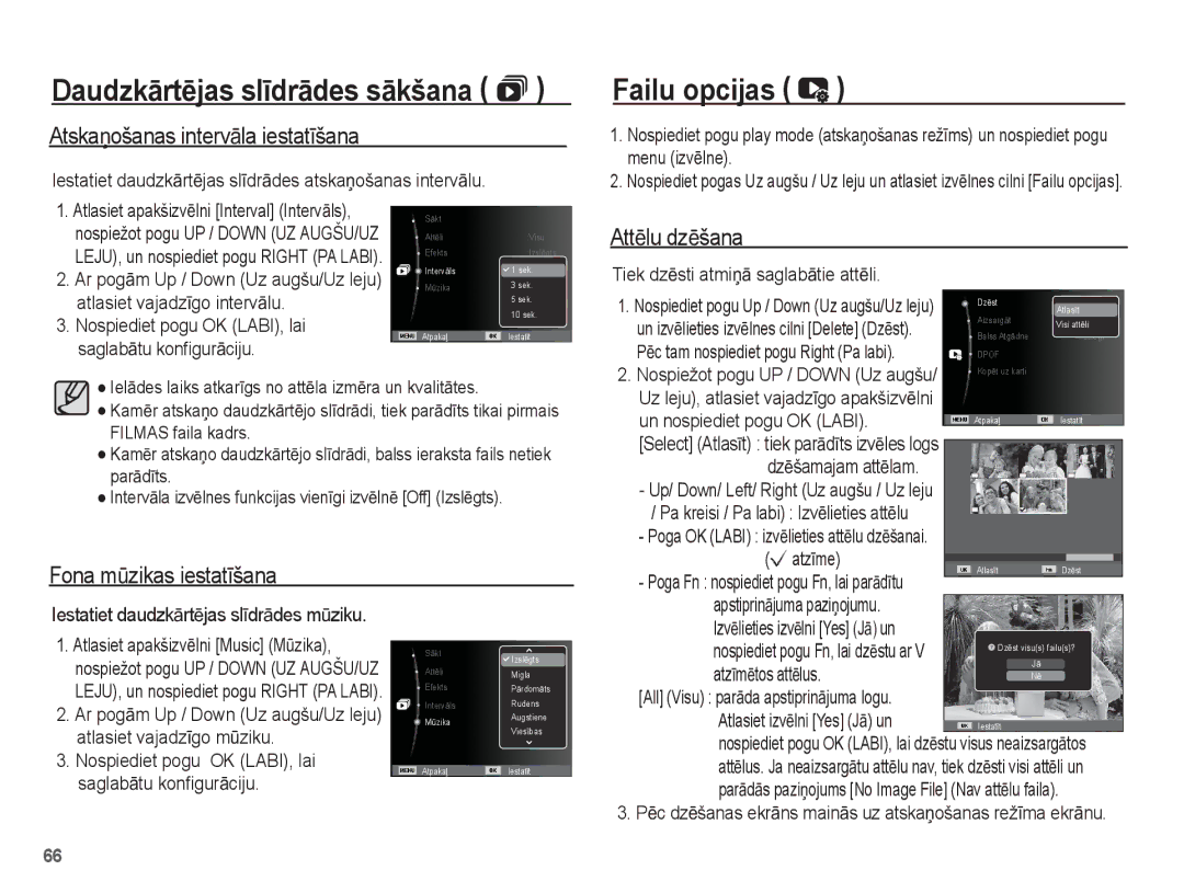 Samsung EC-ES10ZSBA/RU manual Failu opcijas, AtskaƼošanas intervƗla iestatƯšana, Fona mǌzikas iestatƯšana, AttƝlu dzƝšana 