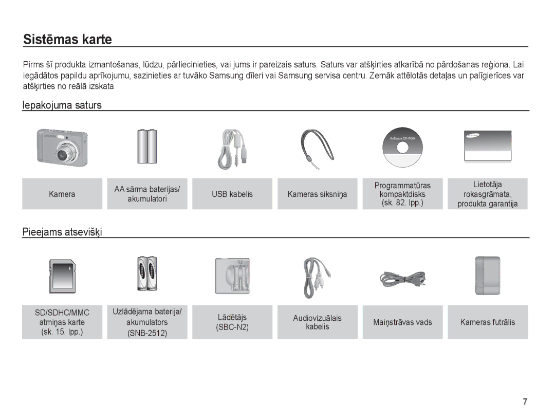 Samsung EC-ES10ZBBA/RU, EC-ES10ZSBA/RU manual SistƝmas karte, Iepakojuma saturs, Pieejams atsevišƷi 