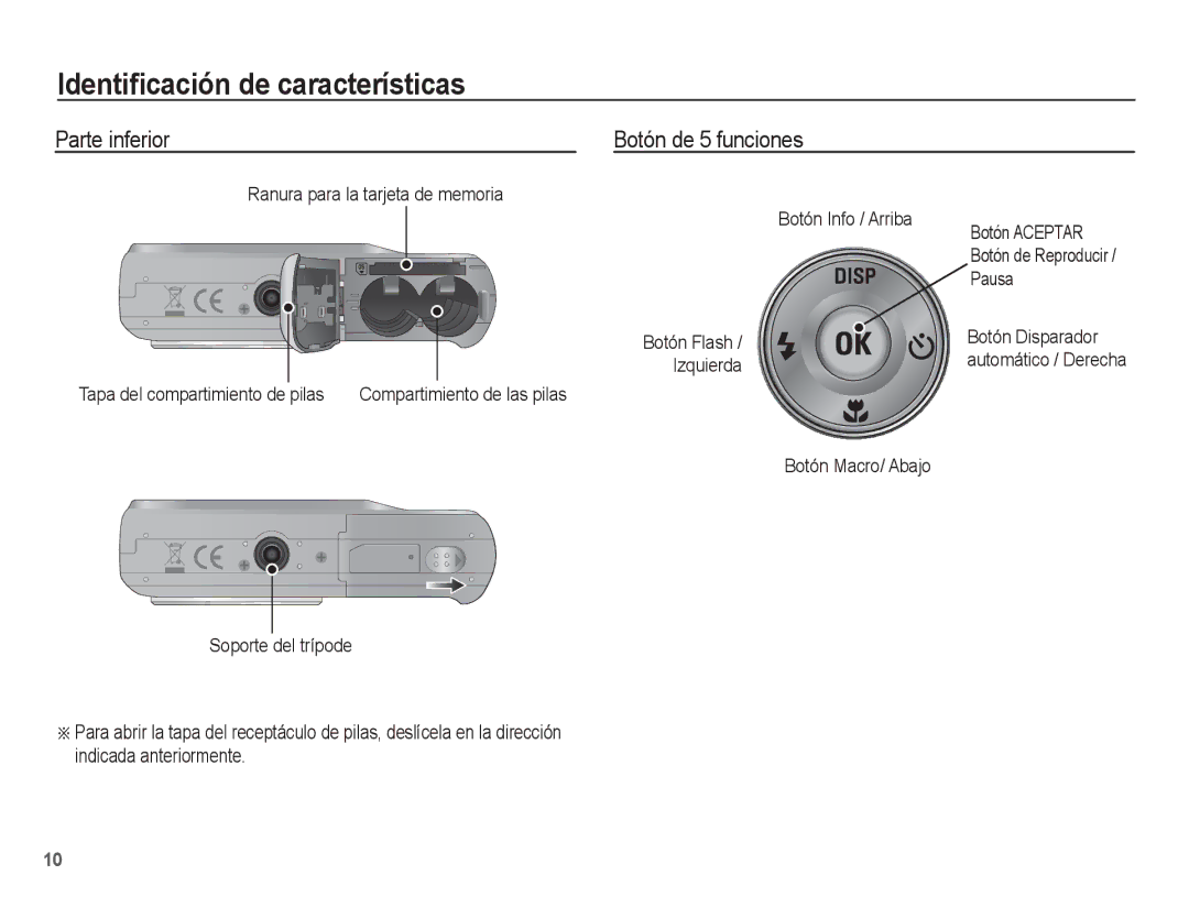 Samsung EC-ES10ZPBA/E1, EC-ES10ZWBA/ZA Parte inferior Botón de 5 funciones, Pausa, Botón Flash Botón Disparador Izquierda 