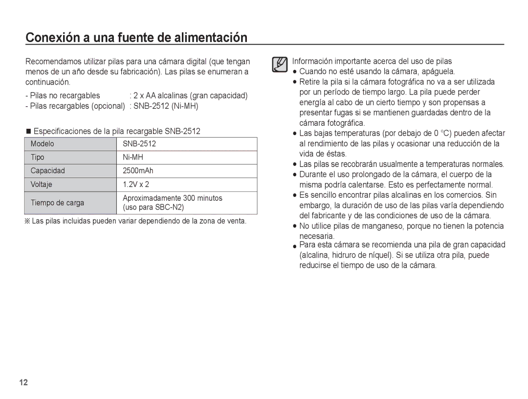 Samsung EC-ES10ZSBA/ZA, EC-ES10ZPBA/E1 Conexión a una fuente de alimentación, Pilas recargables opcional SNB-2512 Ni-MH 