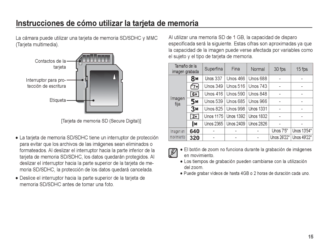 Samsung EC-ES10ZBBA/E1, EC-ES10ZPBA/E1 manual Contactos de la tarjeta, Etiqueta Tarjeta de memoria SD Secure Digital 