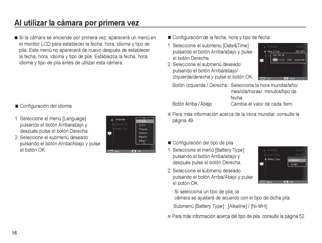 Samsung EC-ES10ZSBA/E1, EC-ES10ZPBA/E1, EC-ES10ZWBA/ZA, EC-ES10ZSBA/ZA, EC-ES10ZWBA/ES Al utilizar la cámara por primera vez 