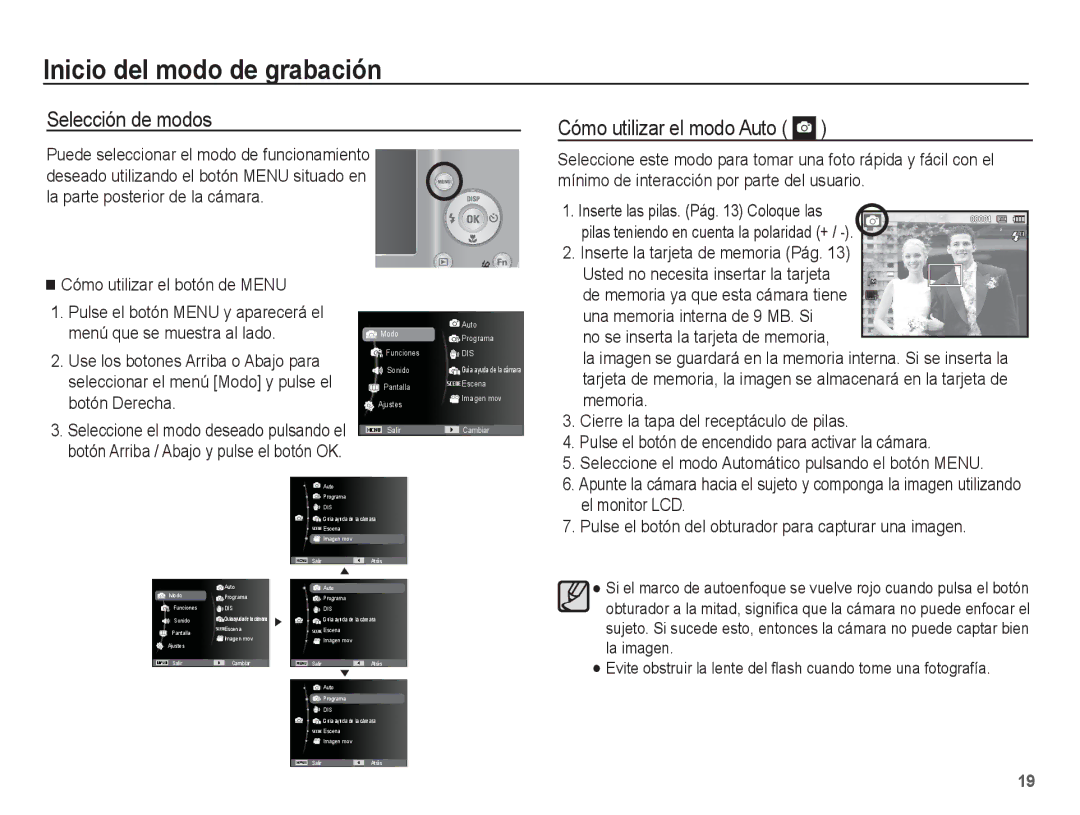 Samsung EC-ES10ZBBA/ZA manual Inicio del modo de grabación, Selección de modos, Cómo utilizar el modo Auto, El monitor LCD 