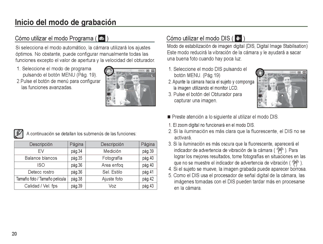 Samsung EC-ES10ZBBA/ES, EC-ES10ZPBA/E1, EC-ES10ZWBA/ZA manual Cómo utilizar el modo Programa, Cómo utilizar el modo DIS 