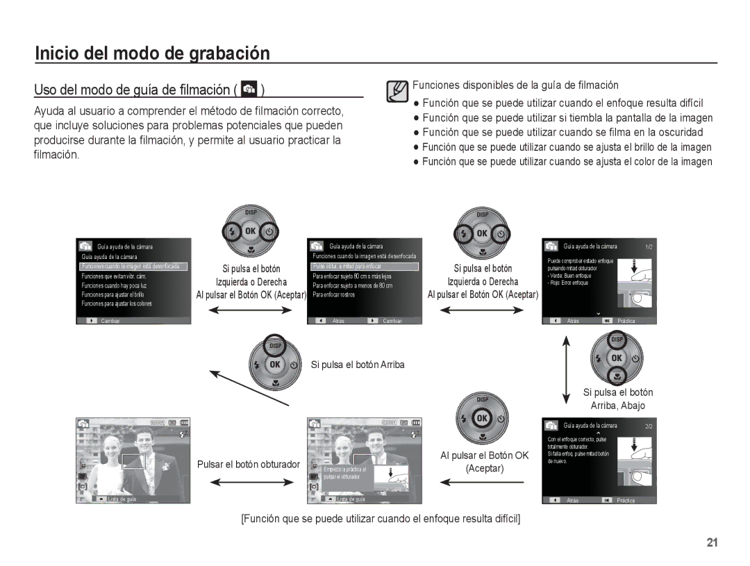 Samsung EC-ES10ZPBA/E1, EC-ES10ZWBA/ZA, EC-ES10ZSBA/ZA, EC-ES10ZWBA/ES, EC-ES10ZBBA/E3 manual Uso del modo de guía de ﬁlmación 