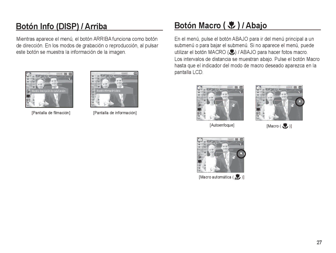 Samsung EC-ES10ZSBA/E1, EC-ES10ZPBA/E1, EC-ES10ZWBA/ZA, EC-ES10ZSBA/ZA manual Botón Info Disp / Arriba, Botón Macro / Abajo 