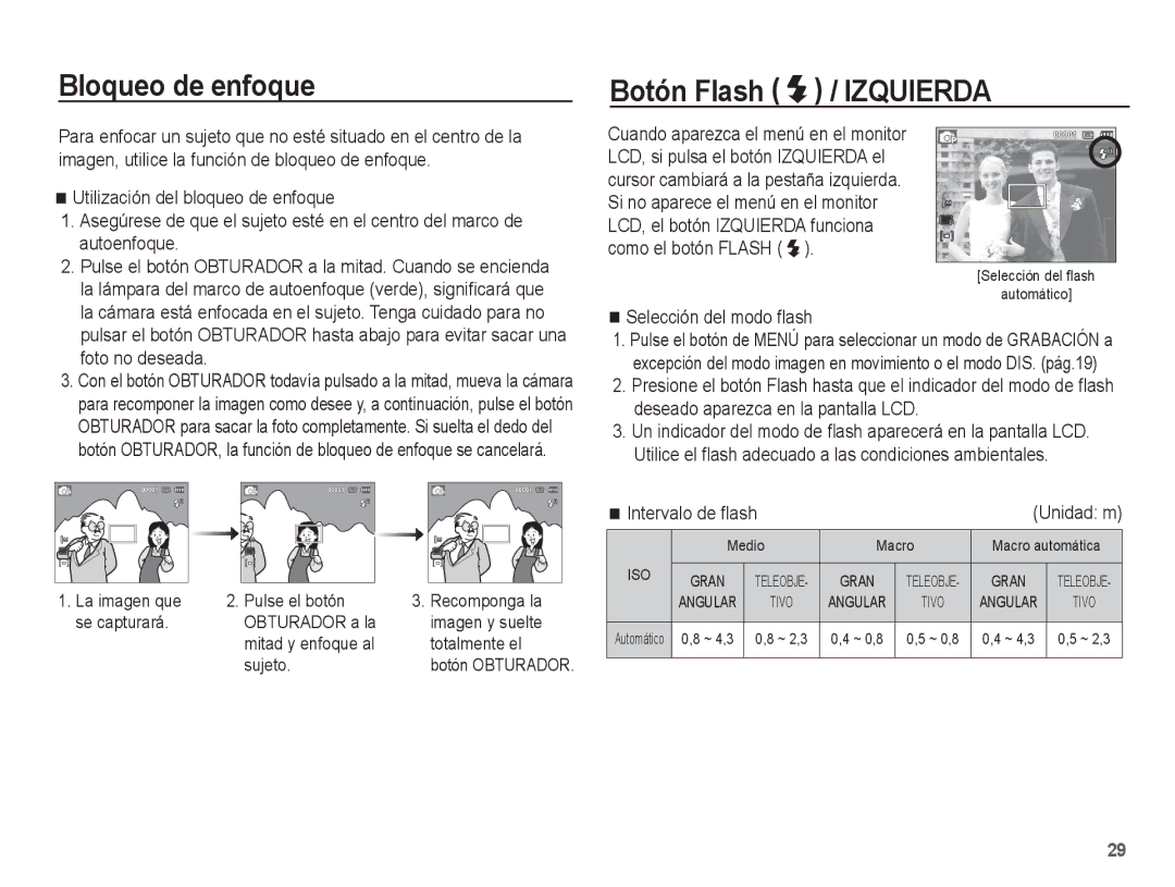 Samsung EC-ES10ZPBA/ES manual Bloqueo de enfoque, Botón Flash / Izquierda, Selección del modo ﬂash, Intervalo de ﬂash 