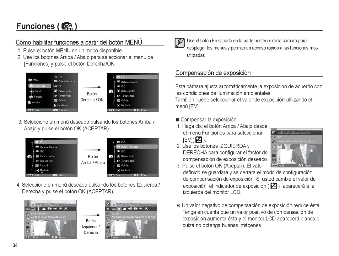 Samsung EC-ES10ZSBA/ZA, EC-ES10ZPBA/E1 manual Cómo habilitar funciones a partir del botón Menú, Compensación de exposición 