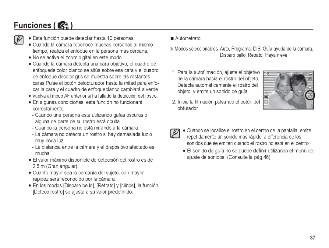 Samsung EC-ES10ZBBA/E1 manual Inicie la ﬁlmación pulsando el botón del obturador, Para la autoﬁlmación, ajuste el objetivo 