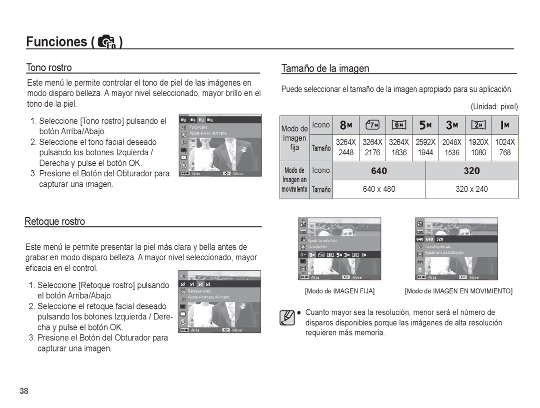 Samsung EC-ES10ZSBA/E1, EC-ES10ZPBA/E1, EC-ES10ZWBA/ZA, EC-ES10ZSBA/ZA manual Tono rostro, Tamaño de la imagen, Retoque rostro 