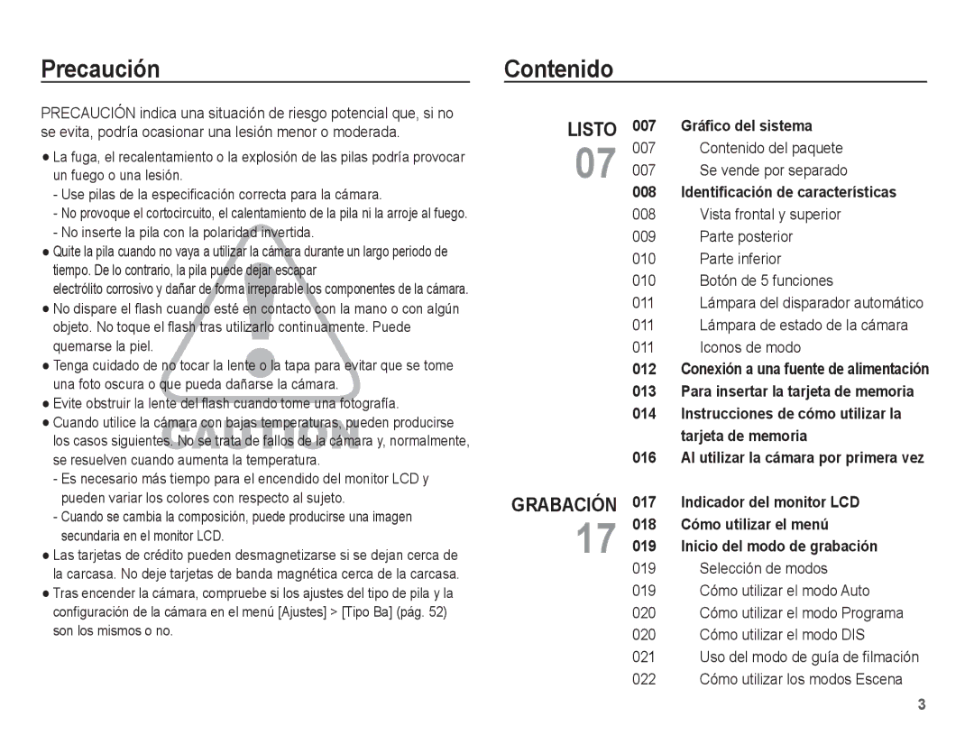 Samsung EC-ES10ZBBA/E3, EC-ES10ZPBA/E1, EC-ES10ZWBA/ZA, EC-ES10ZSBA/ZA, EC-ES10ZWBA/ES, EC-ES10ZBBA/E1 Precaución, Contenido 