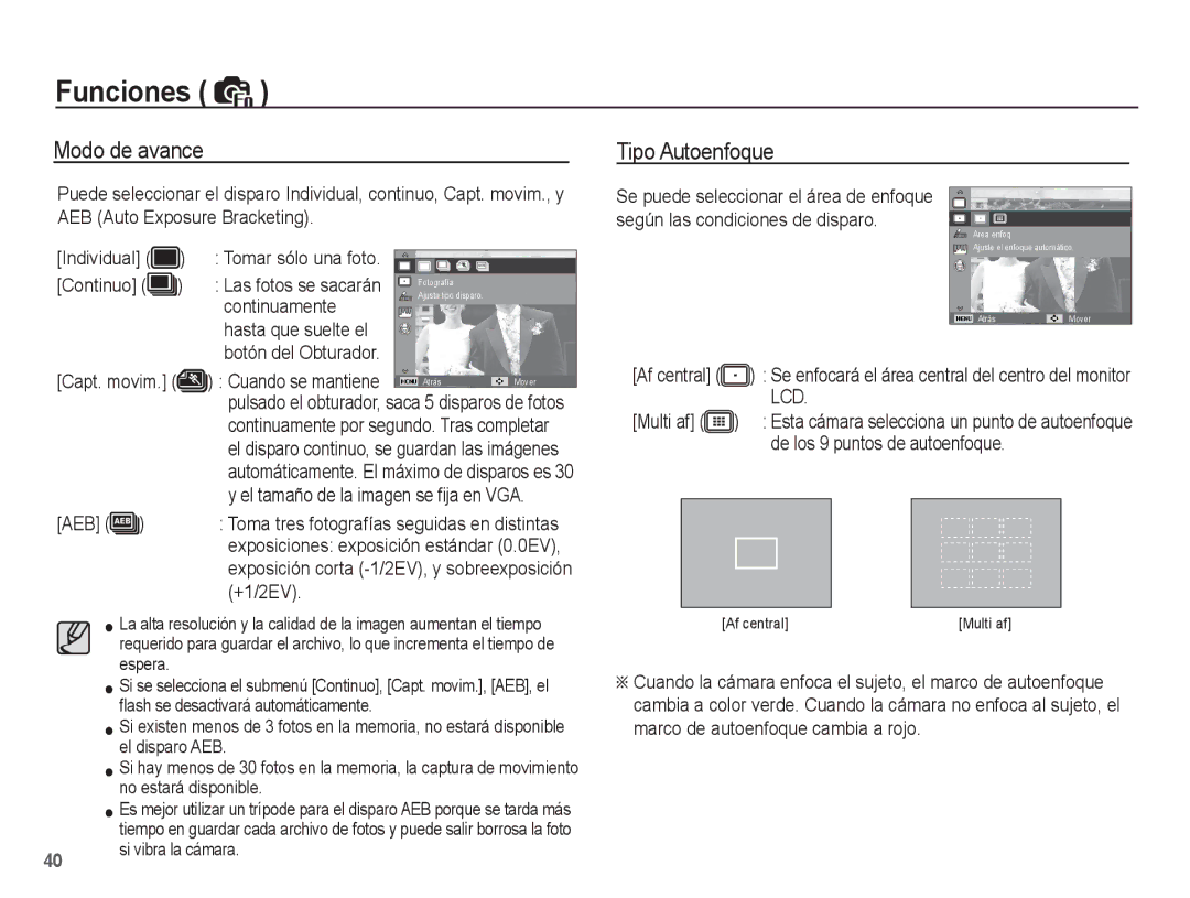 Samsung EC-ES10ZPBA/ES, EC-ES10ZPBA/E1, EC-ES10ZWBA/ZA, EC-ES10ZSBA/ZA, EC-ES10ZWBA/ES manual Modo de avance Tipo Autoenfoque 