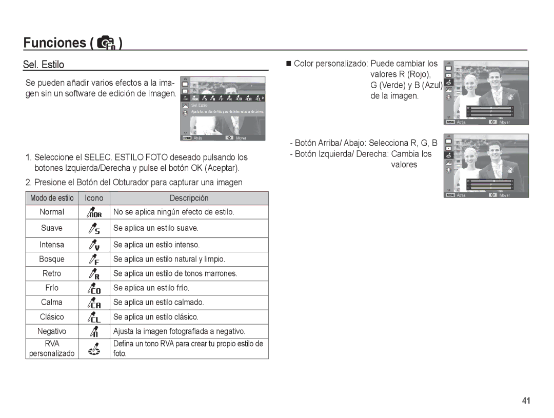 Samsung EC-ES10ZBBA/ZA, EC-ES10ZPBA/E1, EC-ES10ZWBA/ZA, EC-ES10ZSBA/ZA, EC-ES10ZWBA/ES, EC-ES10ZBBA/E3 manual Sel. Estilo 