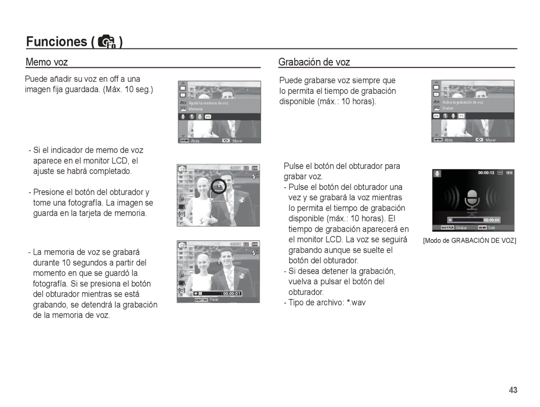 Samsung EC-ES10ZPBA/E1, EC-ES10ZWBA/ZA manual Memo voz Grabación de voz, Pulse el botón del obturador para grabar voz 