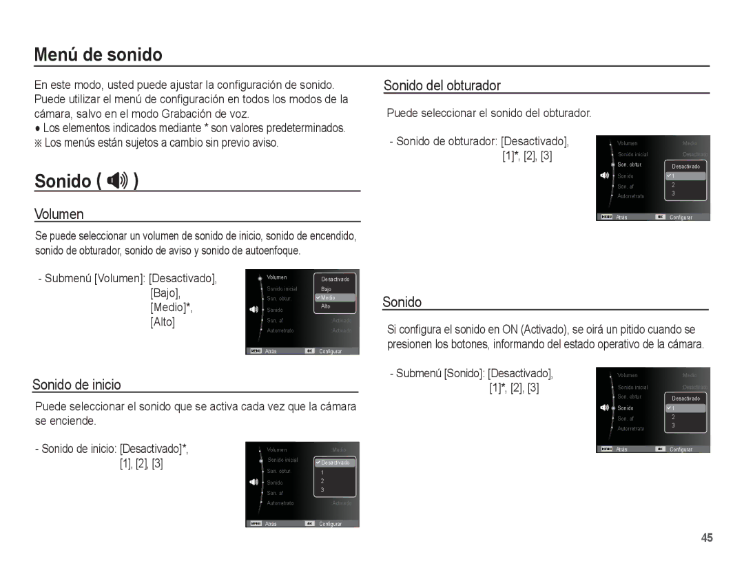 Samsung EC-ES10ZSBA/ZA, EC-ES10ZPBA/E1, EC-ES10ZWBA/ZA, EC-ES10ZWBA/ES, EC-ES10ZBBA/E3 manual Menú de sonido, Sonido  