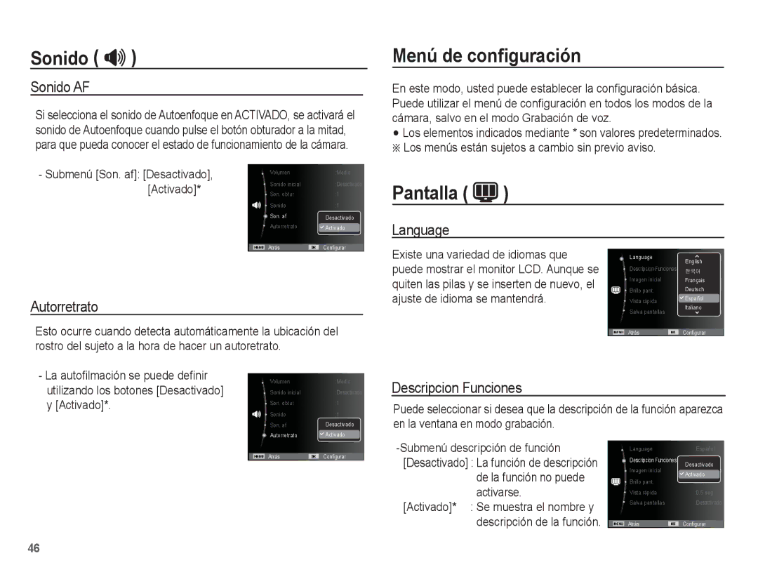 Samsung EC-ES10ZWBA/ES manual Menú de conﬁguración, Pantalla, Sonido AF, Language Autorretrato, Descripcion Funciones 