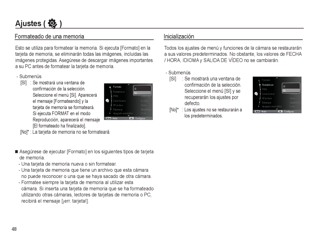 Samsung EC-ES10ZBBA/E1, EC-ES10ZPBA/E1, EC-ES10ZWBA/ZA, EC-ES10ZSBA/ZA Ajustes, Formateado de una memoria, Inicialización 