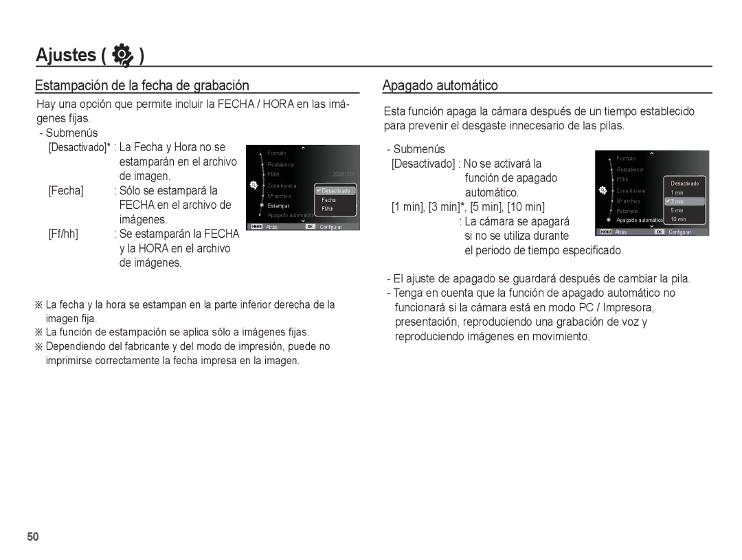 Samsung EC-ES10ZSBA/ES, EC-ES10ZPBA/E1, EC-ES10ZWBA/ZA manual Estampación de la fecha de grabación, Apagado automático 