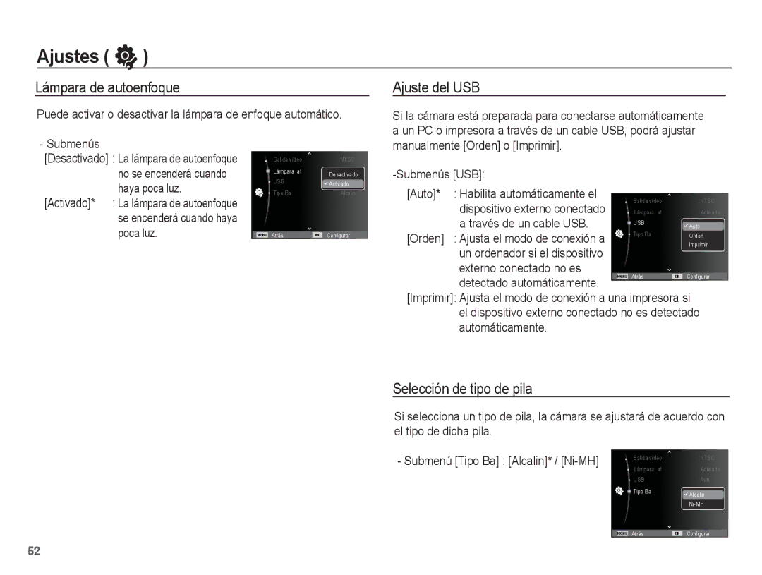 Samsung EC-ES10ZBBA/ZA, EC-ES10ZPBA/E1, EC-ES10ZWBA/ZA Lámpara de autoenfoque, Ajuste del USB, Selección de tipo de pila 