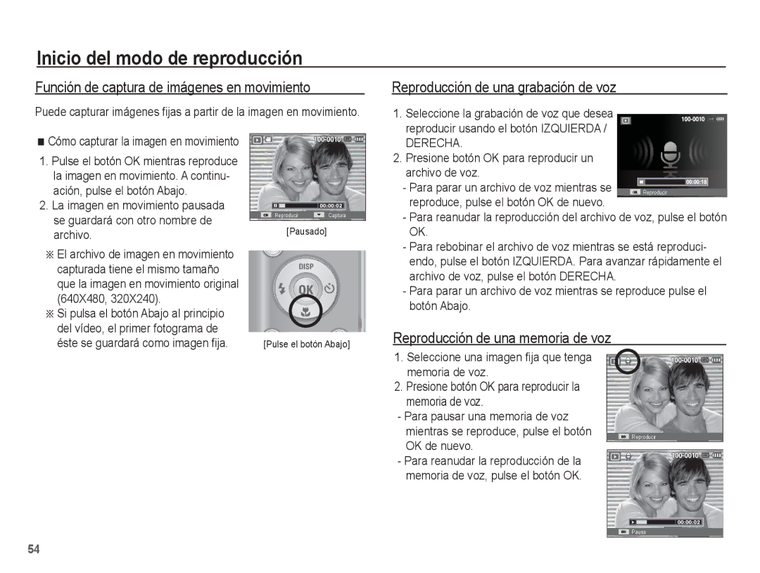 Samsung EC-ES10ZPBA/E1 Función de captura de imágenes en movimiento, Reproducción de una grabación de voz, Archivo de voz 