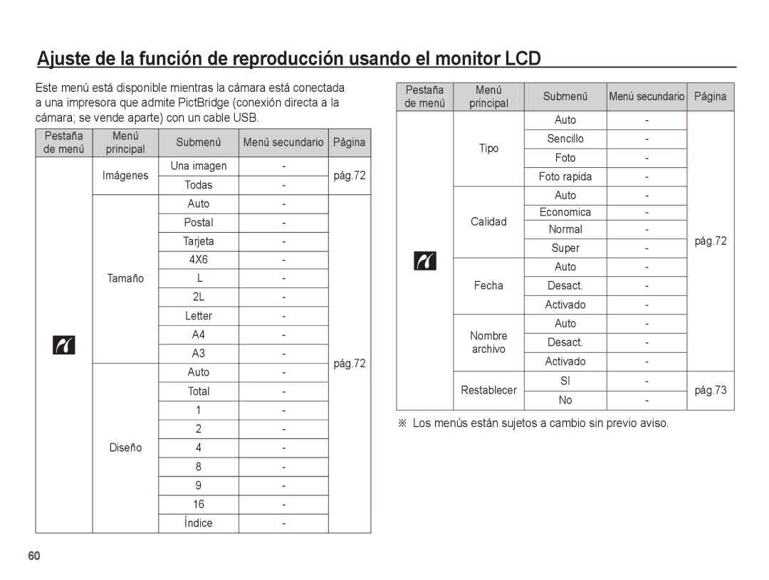 Samsung EC-ES10ZSBA/E1 manual Ajuste de la función de reproducción usando el monitor LCD, Pág.72, 4X6, Pestaña Menú Submenú 