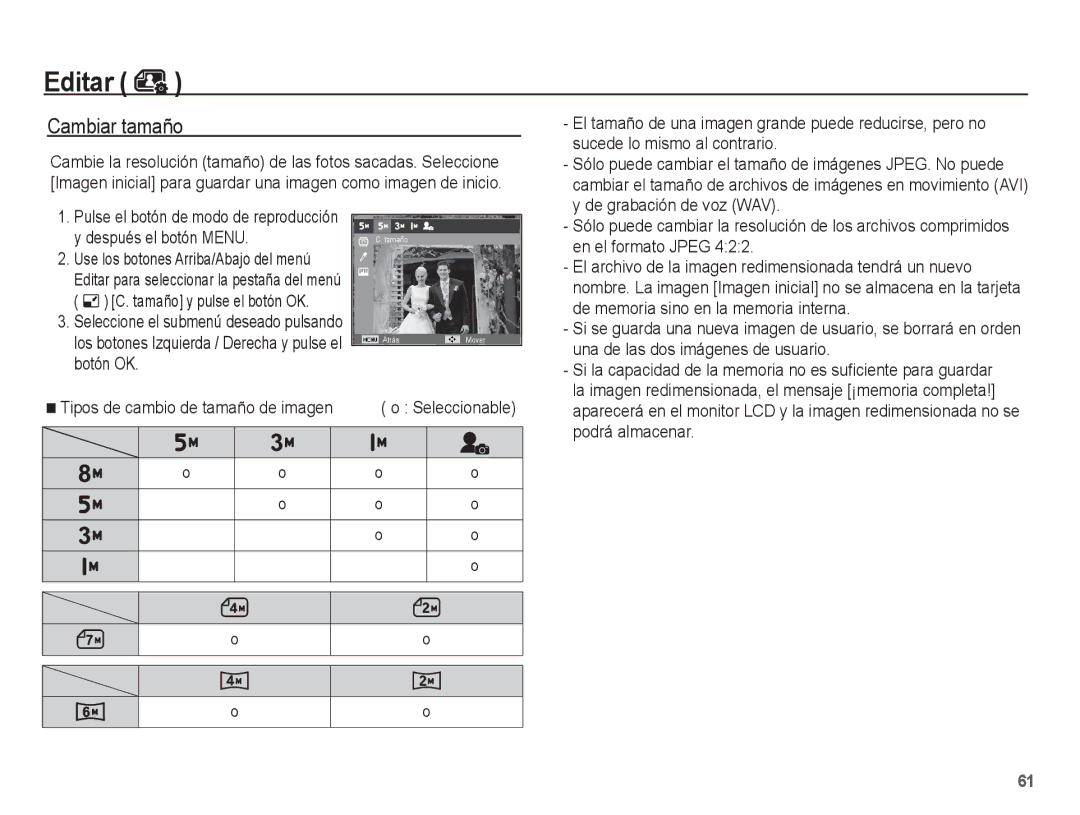 Samsung EC-ES10ZSBA/ES, EC-ES10ZPBA/E1, EC-ES10ZWBA/ZA, EC-ES10ZSBA/ZA, EC-ES10ZWBA/ES, EC-ES10ZBBA/E3 Editar, Cambiar tamaño 