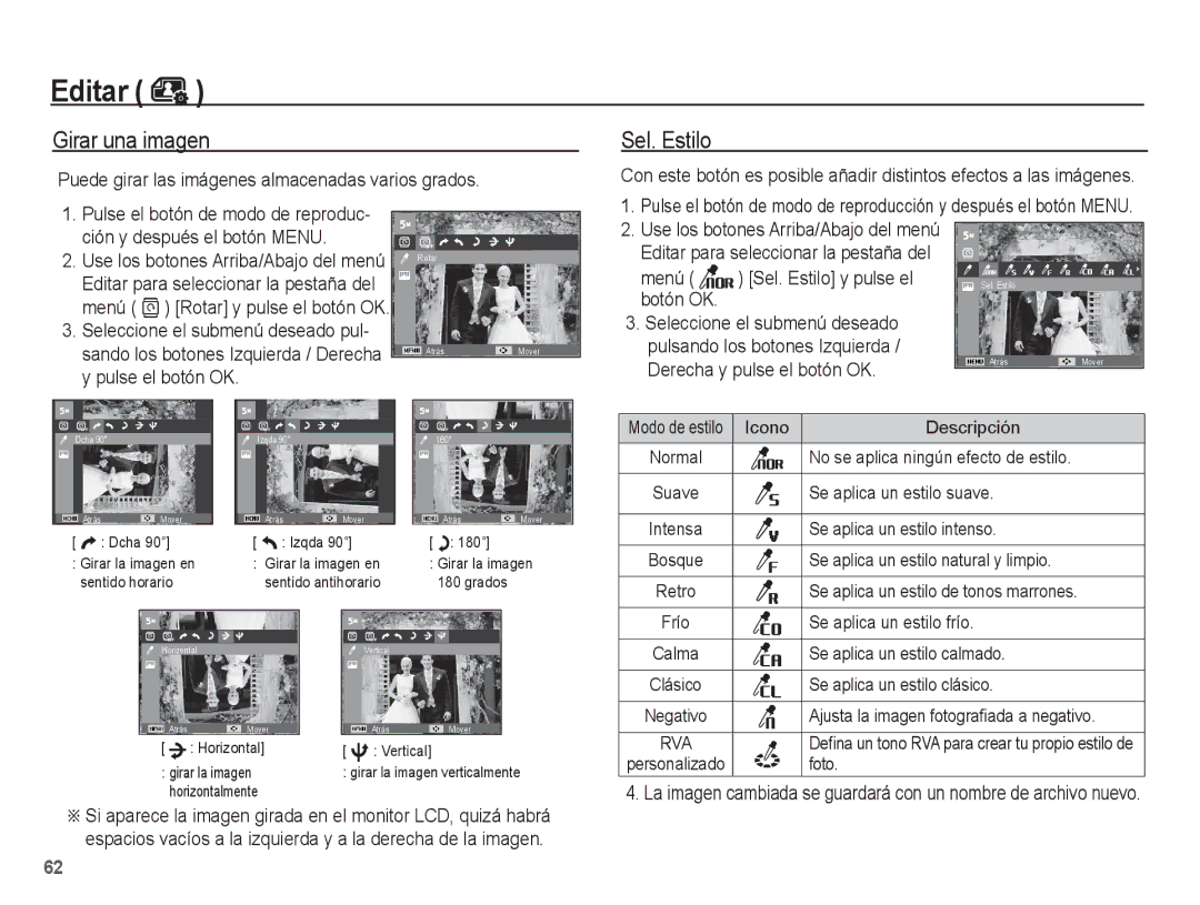 Samsung EC-ES10ZPBA/ES, EC-ES10ZPBA/E1, EC-ES10ZWBA/ZA, EC-ES10ZSBA/ZA, EC-ES10ZWBA/ES, EC-ES10ZBBA/E3 manual Girar una imagen 