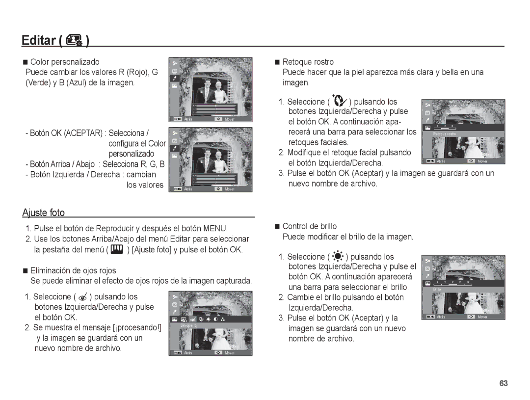 Samsung EC-ES10ZBBA/ZA manual Color personalizado, El botón Izquierda/Derecha, Eliminación de ojos rojos, Control de brillo 