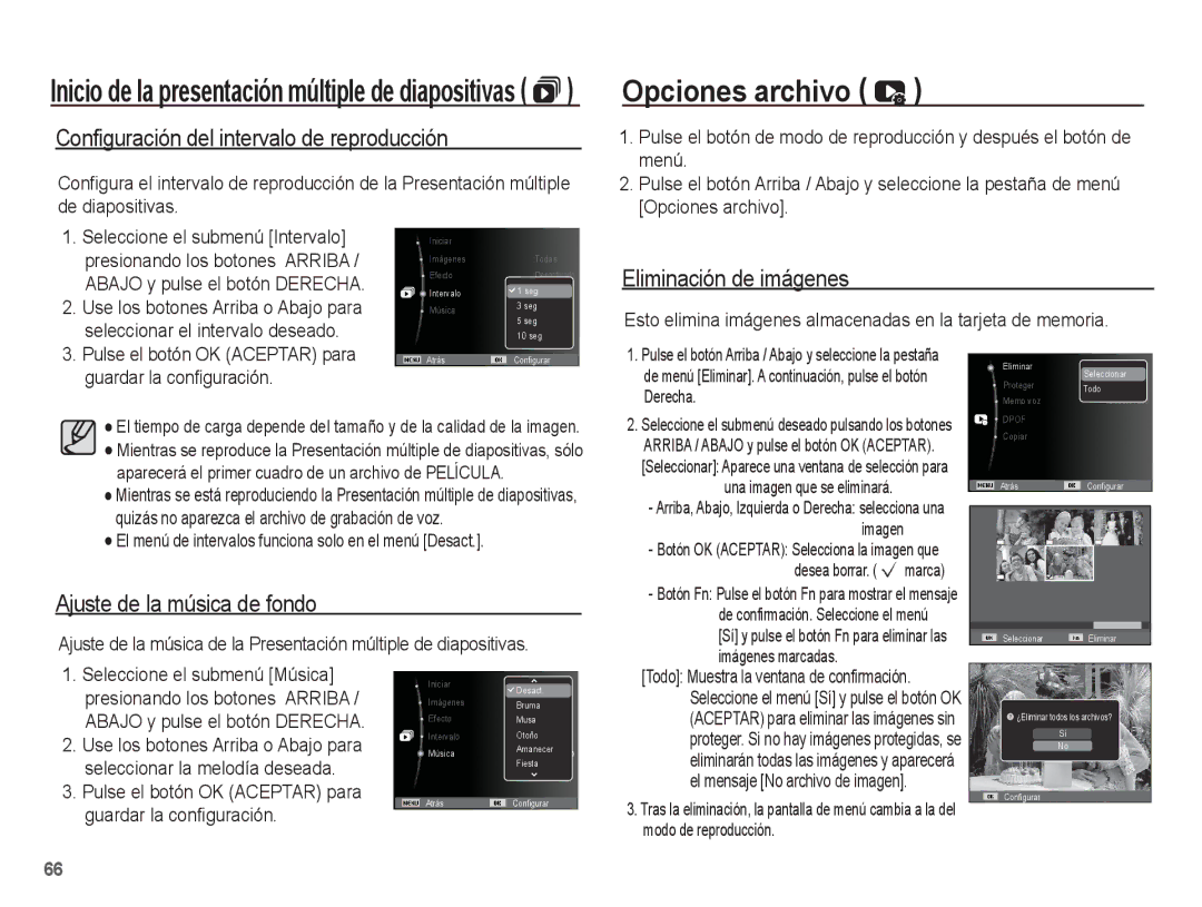 Samsung EC-ES10ZWBA/ZA manual Opciones archivo, Configuración del intervalo de reproducción, Eliminación de imágenes 