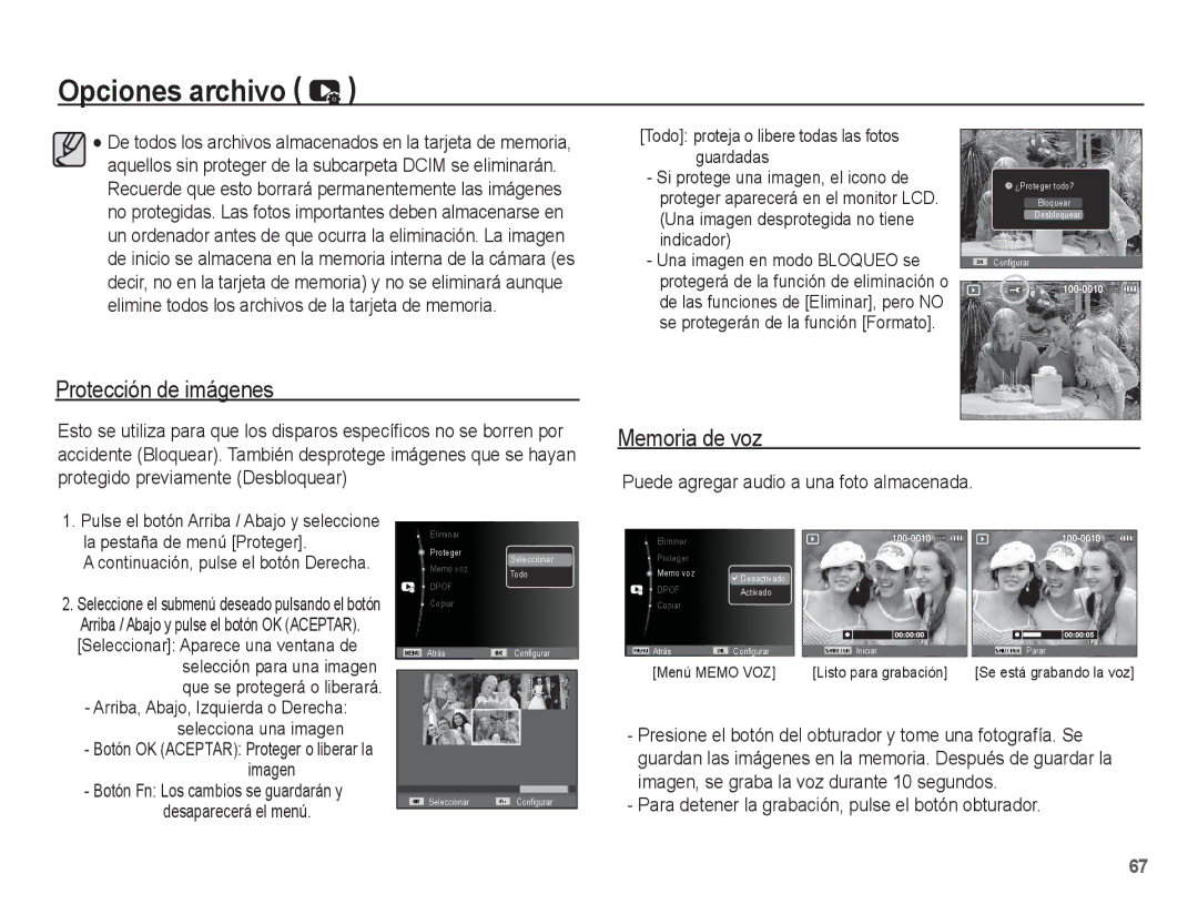 Samsung EC-ES10ZSBA/ZA, EC-ES10ZPBA/E1 Protección de imágenes, Memoria de voz, Puede agregar audio a una foto almacenada 