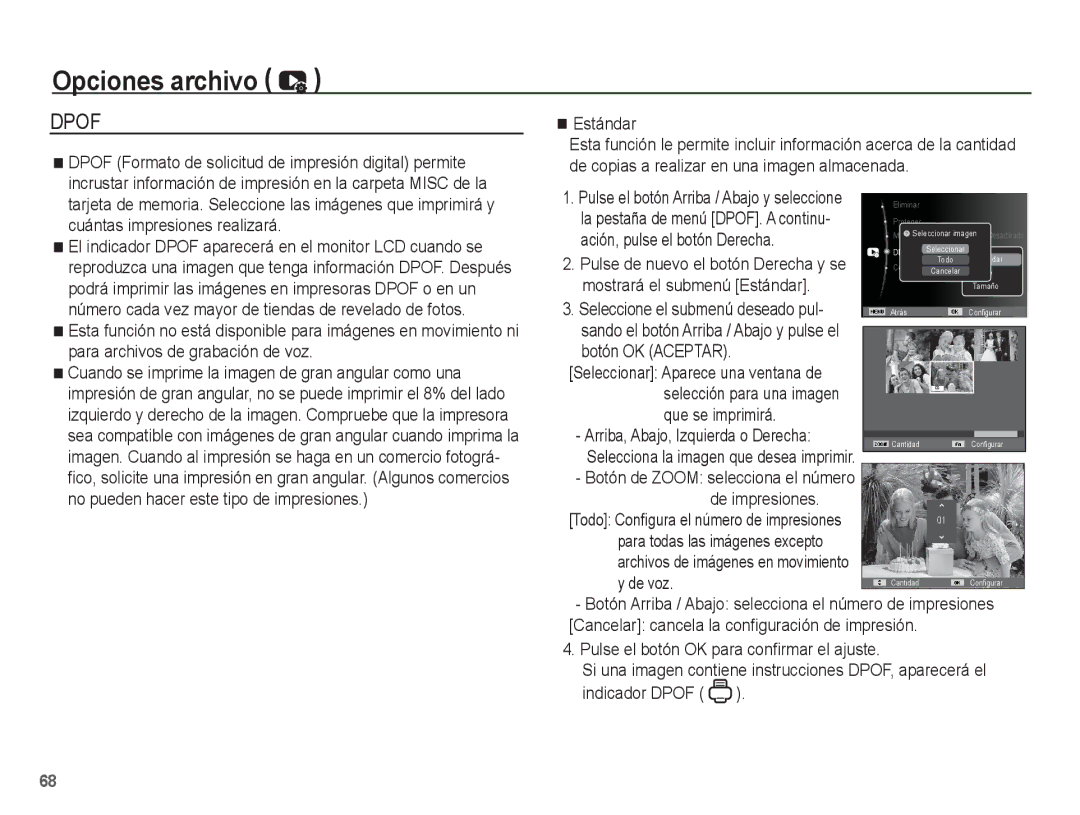 Samsung EC-ES10ZWBA/ES manual Estándar, Botón OK Aceptar, Que se imprimirá, De voz, Para todas las imágenes excepto 