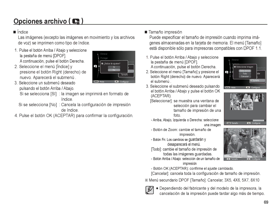 Samsung EC-ES10ZBBA/E3, EC-ES10ZPBA/E1 manual Seleccione el menú Índice y, Nuevo. Aparecerá el submenú, Tamaño impresión 