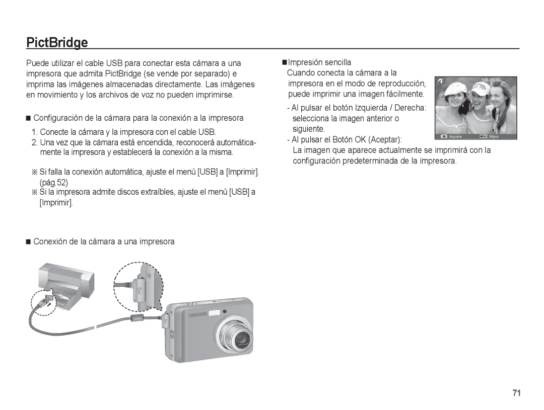 Samsung EC-ES10ZSBA/E1, EC-ES10ZPBA/E1, EC-ES10ZWBA/ZA manual PictBridge, Configuración predeterminada de la impresora 