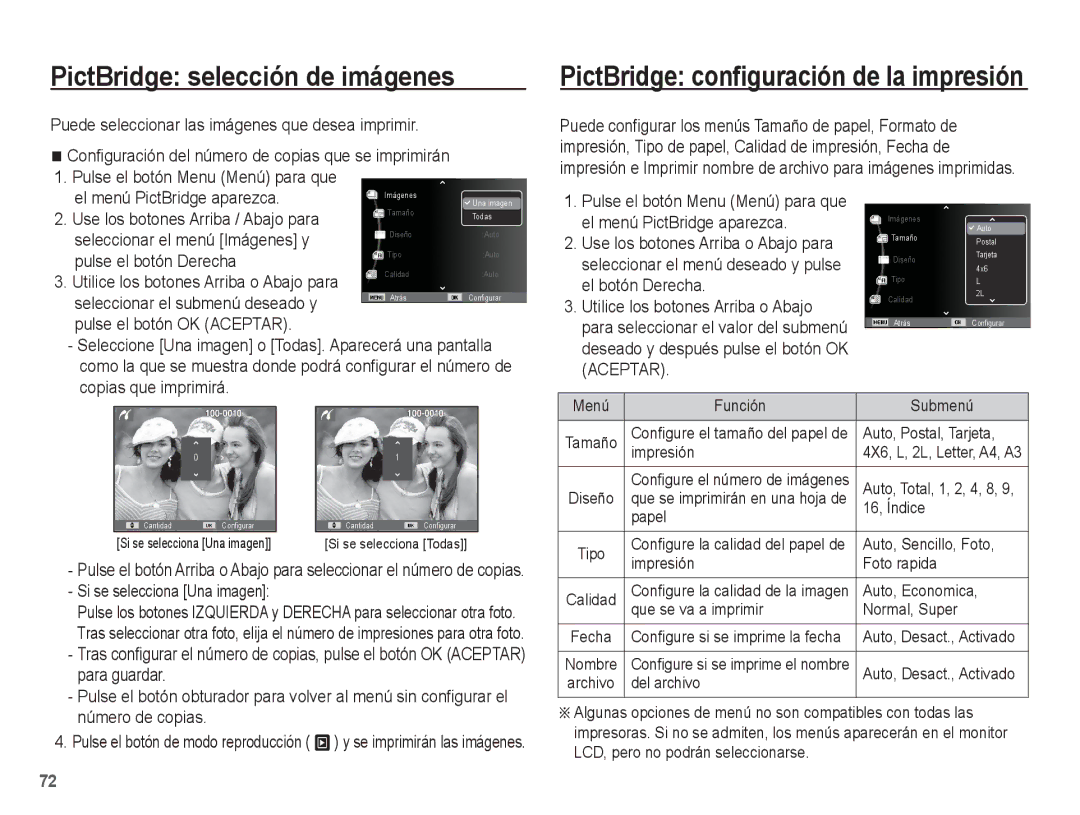 Samsung EC-ES10ZSBA/ES, EC-ES10ZPBA/E1, EC-ES10ZWBA/ZA, EC-ES10ZSBA/ZA, EC-ES10ZWBA/ES manual PictBridge selección de imágenes 