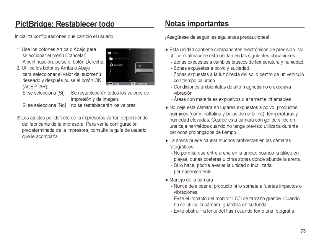 Samsung EC-ES10ZPBA/ES PictBridge Restablecer todo, Notas importantes, ¡Asegúrese de seguir las siguientes precauciones 