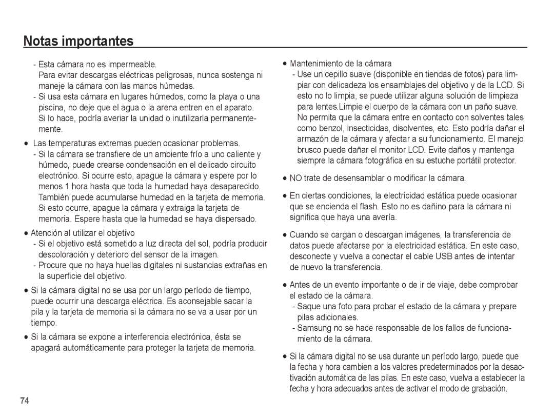 Samsung EC-ES10ZBBA/ZA manual Esta cámara no es impermeable, Atención al utilizar el objetivo, Mantenimiento de la cámara 