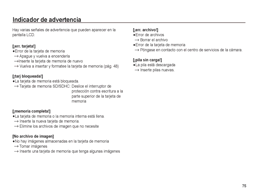 Samsung EC-ES10ZBBA/ES, EC-ES10ZPBA/E1, EC-ES10ZWBA/ZA manual Indicador de advertencia, La tarjeta de memoria está bloqueada 