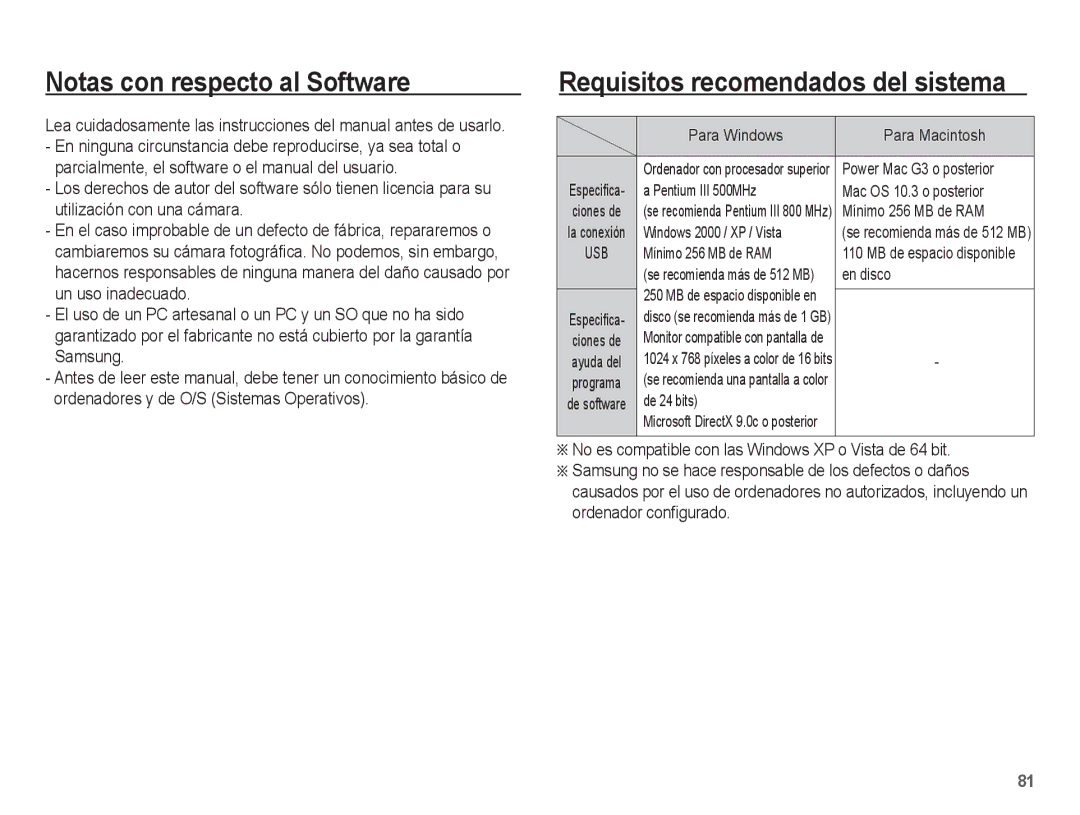 Samsung EC-ES10ZBBA/E1, EC-ES10ZPBA/E1, EC-ES10ZWBA/ZA Notas con respecto al Software, Requisitos recomendados del sistema 