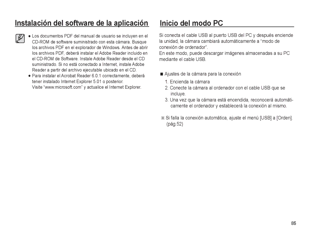 Samsung EC-ES10ZBBA/ZA, EC-ES10ZPBA/E1, EC-ES10ZWBA/ZA, EC-ES10ZSBA/ZA, EC-ES10ZWBA/ES, EC-ES10ZBBA/E3 manual Inicio del modo PC 