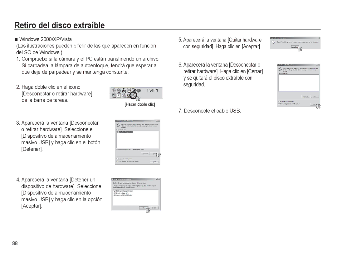 Samsung EC-ES10ZWBA/ZA, EC-ES10ZPBA/E1 manual Retiro del disco extraíble, De la barra de tareas, Desconecte el cable USB 