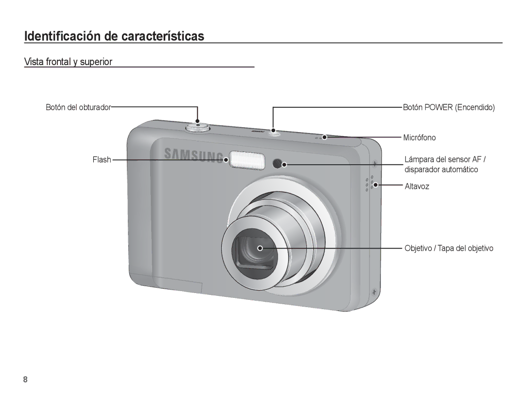 Samsung EC-ES10ZBBA/ZA Identiﬁcación de características, Vista frontal y superior, Altavoz Objetivo / Tapa del objetivo 