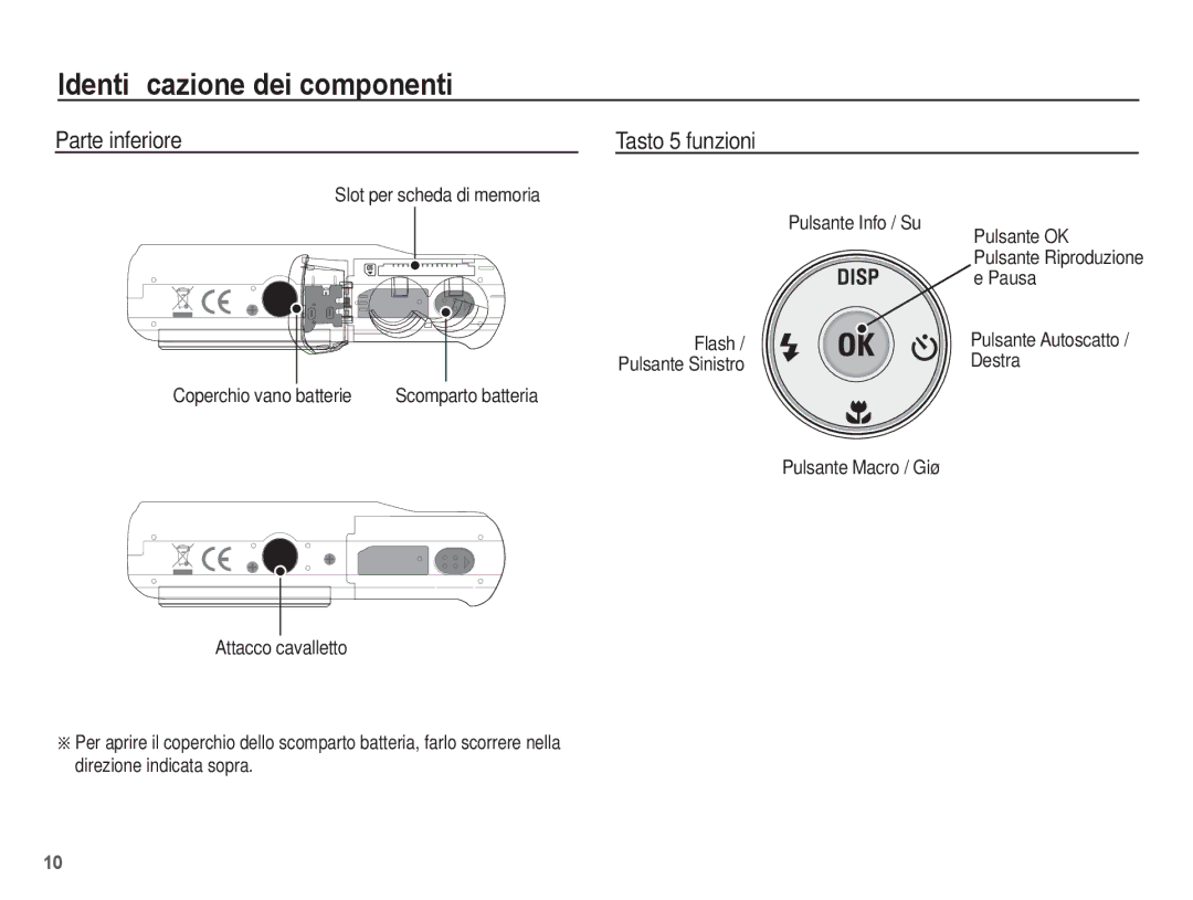 Samsung EC-ES10ZBBA/IT Parte inferiore Tasto 5 funzioni, Slot per scheda di memoria Pulsante Info / Su Pulsante OK, Pausa 