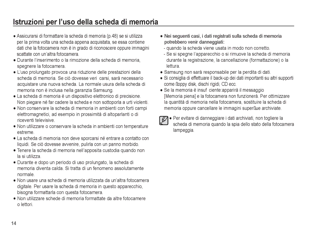 Samsung EC-ES10ZBBA/IT, EC-ES10ZSBA/IT manual Istruzioni per l’uso della scheda di memoria 