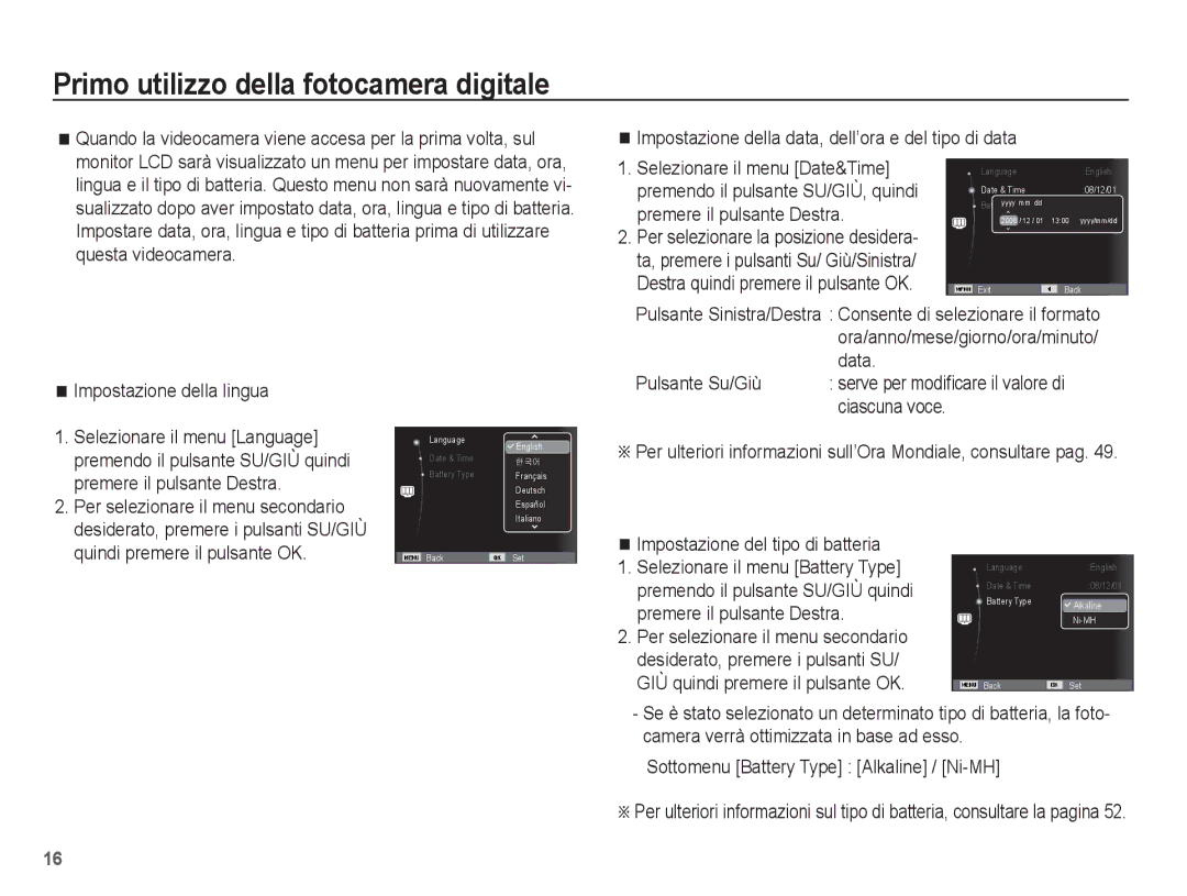 Samsung EC-ES10ZBBA/IT Primo utilizzo della fotocamera digitale, Impostazione della lingua Selezionare il menu Language 